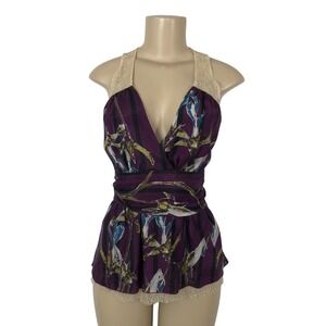 Kenar 100% Silk Floral Print Lace Trim Surplice V-Neck Belted Top Blouse Size L